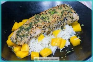 recette de saumon croustillant riz à la mangue