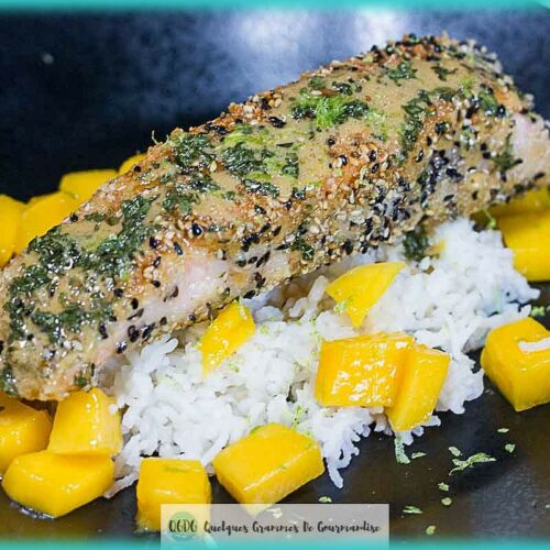 recette de saumon croustillant riz à la mangue